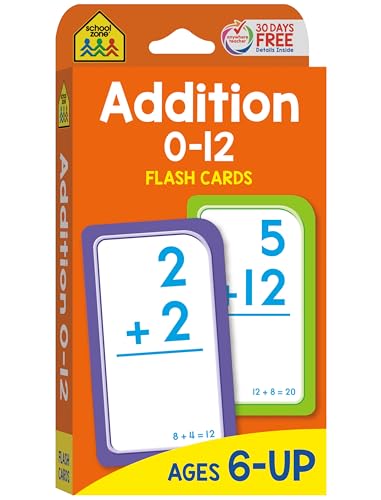 School Zone Addition 0-12 Flash Cards: 56 Cards, 1st Grade, 2nd Grade, Numbers 0-12, Elementary Math, Problem Solving, Addition Problems, Counting, Ages 6+, Packaging May Vary - Click to Buy