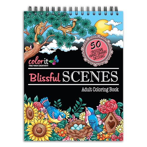 ColorIt Blissful Scenes Adult Coloring Book - Features 50 Original Hand Drawn Scenery Inspired Designs Printed on Artist Quality Paper with Hardback Covers, Top Spiral Binding, Perforated Pages, and Bonus Blotter - Click to Buy