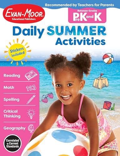 Evan-Moor Daily Summer Activities, Grades PreK-K Workbook, Stickers, Prevent Learning Loss, Reading, Writing, Math, Alphabet, Letter Recognition, Numbers, Counting, Shapes, Colors, Learning Fun - Click to Buy
