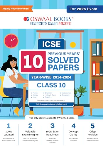 Oswaal ICSE 10 Previous Year Solved Papers Class 10 | Year-Wise 2014-2024 | Physics, Chemistry, Maths, Biology, History And Civics, Geography, Hindi, English 1 | For 2025 Board Exam [Paperback] Oswaal Editorial Board - Click to Buy