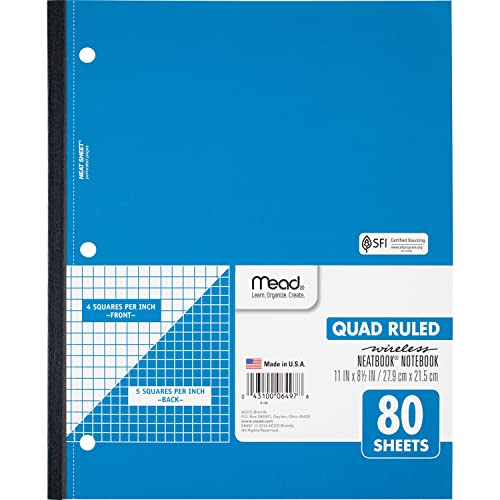 Mead Notebook, Wireless, 1 Subject, Quad Ruled, 8-1/2" x 11", 80 Sheets, Neatbook, Assorted Colors, Color Will Vary (06497) - Click to Buy