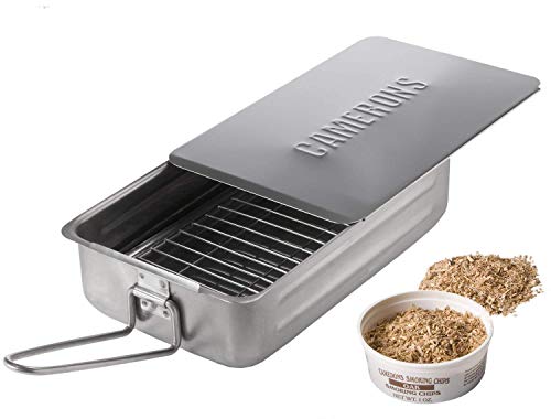 Stovetop Smoker - Gourmet Mini (7” x 11” x 3.5”) Stainless Steel Smoking Box with Wood Chip Sample - Works Over Any Heat Source, Indoor or Outdoor - Click to Buy