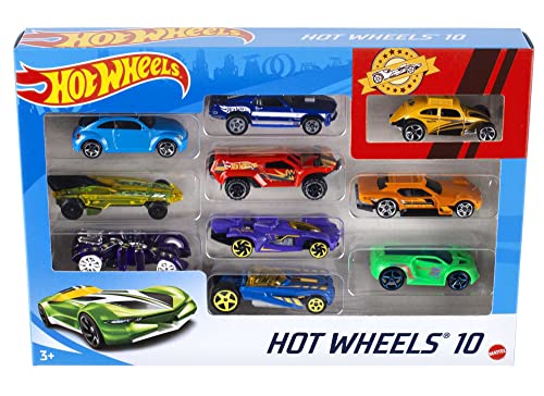 Hot Wheels Toy Cars & Trucks 10-Pack, Set of 10 1:64 Scale Vehicles, Includes Race Cars, Semi, Rescue or Construction Trucks (Styles May Vary) - Click to Buy
