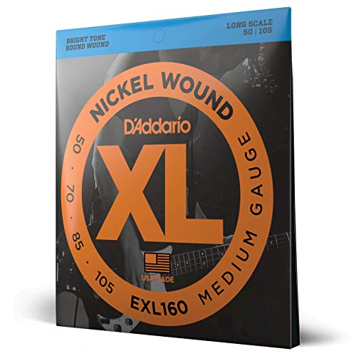D'Addario Bass Guitar Strings - XL Nickel - EXL160 - Perfect Intonation, Consistent Feel, Powerful Durability - 4 String Set - 50-105 Medium, Long Scale