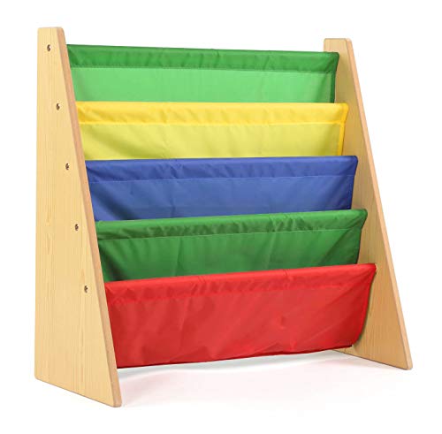 Humble Crew 4-Tier Kids Bookshelf, Natural Wood/Primary - Premium Book Shelf for Kids Rooms with Four Deep Pockets - Toddler Sling Book Rack with Deep Sleeves, Nursery Bookcase Organizer - Click to Buy