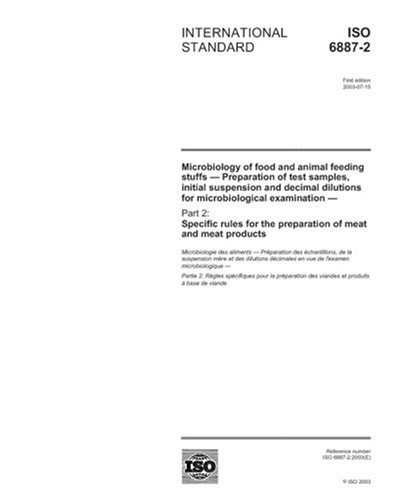 ISO 6887-2:2003, Microbiology of food and animal feeding stuffs -- Preparation of test samples, initial suspension and decimal dilutions for ... for the preparation of meat and meat products