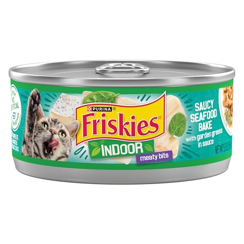 Purina Friskies Indoor Cat Food Meaty Bits Saucy Seafood Bake With Garden Greens in Sauce - (Pack of 24) 5.5 oz. Cans