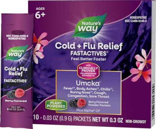 Nature's Way Cold + Flu Relief FastActives, Umcka, Homeopathic, Fever, Sore Throat, Cough, Congestion, Body Aches, Phenylephrine Free, Non-Drowsy, Berry Flavored, 10 Packets (Packaging May Vary) - Click to Buy