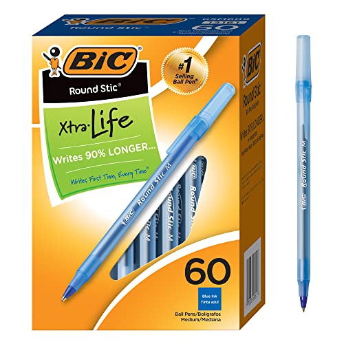 BIC Round Stic Extra Life Ballpoint Pens, Medium Point (1.0mm), Blue, 60-Count Pack, Flexible Round Barrel For Writing Comfort, Blue, 60-Count (Pack of 1) - Click to Buy