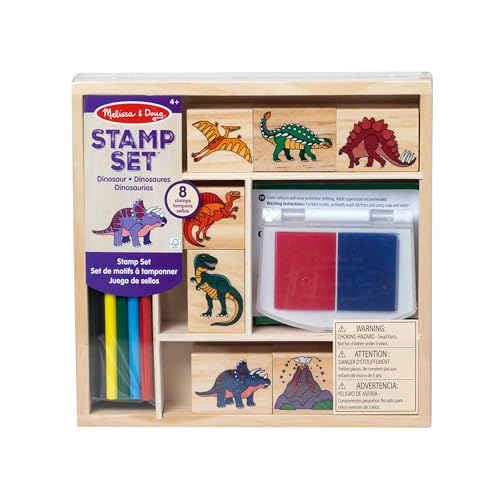 Melissa & Doug Wooden Stamp Set: Dinosaurs - 8 Stamps, 5 Colored Pencils, 2-Color Stamp Pad | Kids Arts And Crafts, Washable Ink Stamp Pads For Kids, Dinosaur Stamps For Kids Ages 4+