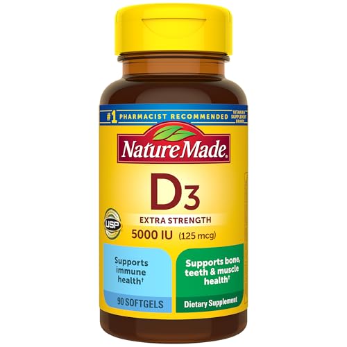 Nature Made Extra Strength Vitamin D3 5000 IU (125 mcg), Dietary Supplement for Bone, Teeth, Muscle and Immune Health Support, 90 Softgels, 90 Day Supply - Click to Buy