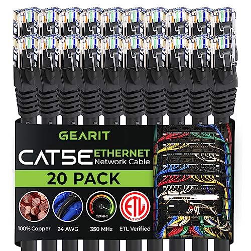 GEARIT 20-Pack, Cat5e Ethernet Patch Cable 5 Feet - Snagless RJ45 Computer LAN Network Cord, Black - Click to Buy