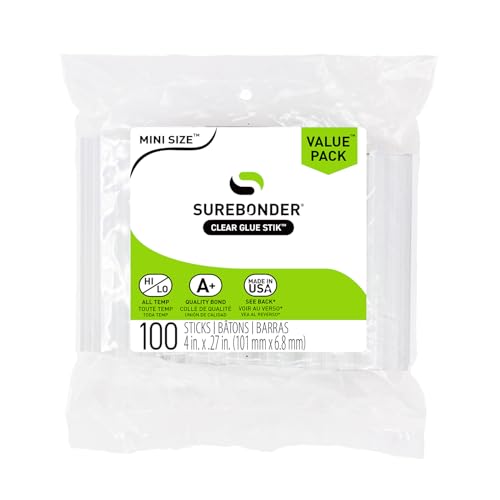 Surebonder DT-100 Made in the USA All Purpose Stik-Mini Glue Sticks-All Temperature-5/16"D, 4"L Hot Melt Glue Sticks-100 Sticks per bag, Clear - Click to Buy