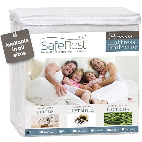 SafeRest Mattress Protector - Twin Size Cotton Terry Waterproof Mattress Protector, Breathable Fitted Mattress Cover with Stretchable Pockets, 190.5x99.5 cm, White