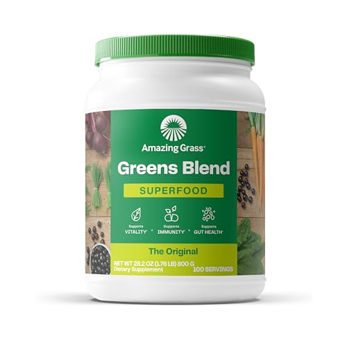 Amazing Grass Greens Blend Superfood: Super Greens Powder with Spirulina, Alfalfa, Beet Root Powder, Digestive Enzymes, Prebiotics & Probiotics, Original, 100 Servings (Packaging May Vary) - Click to Buy