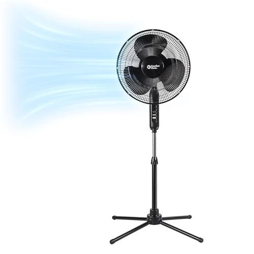Comfort Zone Electric Oscillating Pedestal Fan, Stand Fan, 16 inch, 3 Speed, 90 Degree Oscillating Head, Adjustable Height and Tilt, Airflow 7.48 ft/sec, Ideal for Home, Bedroom & Office, CZST161BTEBK - Click to Buy