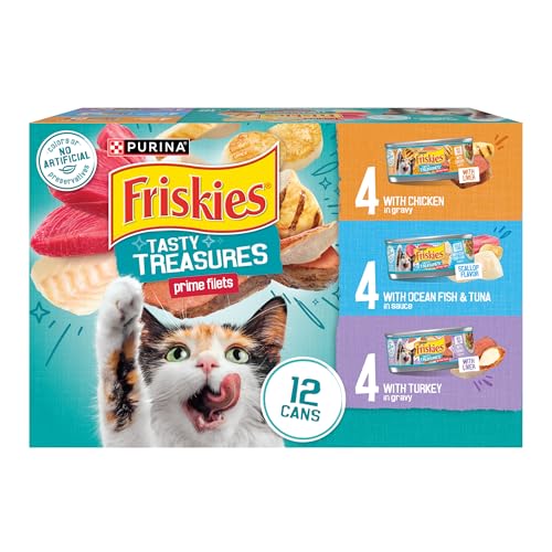 Purina Friskies Wet Cat Food Variety Pack, Tasty Treasures Prime Filets (With Ocean Fish and Tuna, With Chicken and With Turkey) - (Pack of 12) 5.5 oz. Cans - Click to Buy