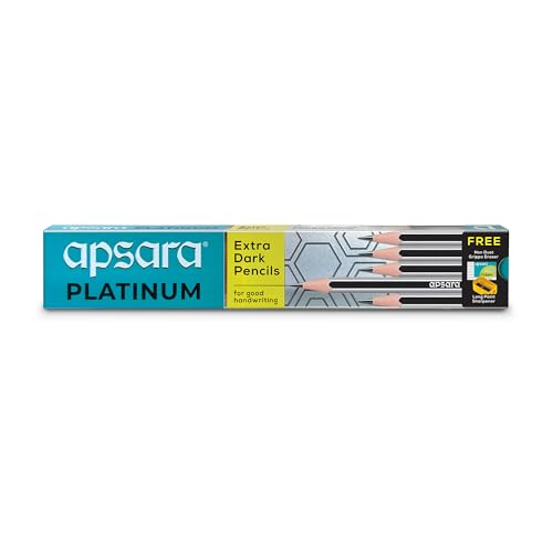 Apsara Platinum Pencils | Hexagonal Body for Strong Grip | Extra Dark | Easy Sharpening |Free Sharpener & Eraser | Non-Toxic | Use for School, College students & office person | Pack of 10 pencils - Click to Buy