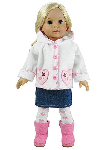 18 Inch Doll Outfit, Pink Heart Print Tights, Denim Skirt and Casual Hooded Coat Fits 18 Inch American Girl Dolls & More, 3 Piece Set of Doll Tights, Coat, & Denim Skirt - Click to Buy