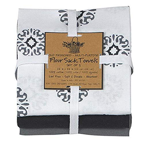 Kay Dee Designs Café Express Collection Medallion Flour Sack Cotton Towels, 26-Inch by 26-Inch, Charcoal, Set of 3 (A8310) - Click to Buy
