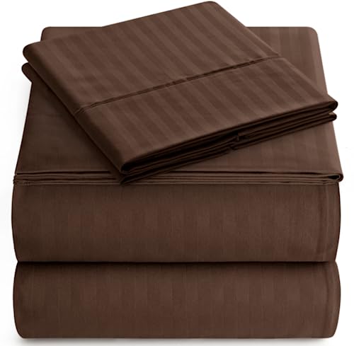 Queen Italian Prestige Collection Striped Bed Sheet Set – 1800 Luxury Soft Microfiber Deep Pocket 4-Piece Bedding Set - Wrinkle, Stain, Fade Resistant - Chocolate - Click to Buy