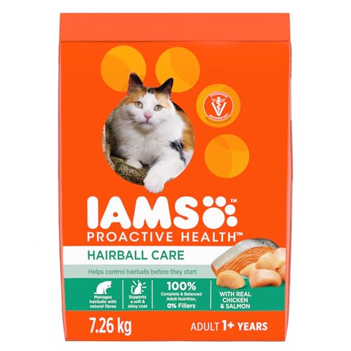 IAMS PROACTIVE HEALTH Hairball Care Adult Dry Cat Food – Chicken & Salmon – 7.26KG (16LB) Bag - Click to Buy