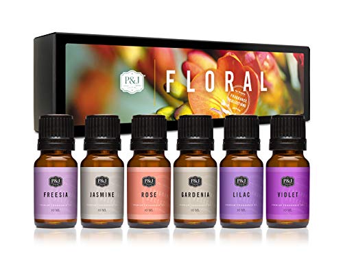 Floral Set of 6 Premium Grade Fragrance Oils - Violet, Jasmine, Rose, Lilac, Freesia, Gardenia - 10ml
