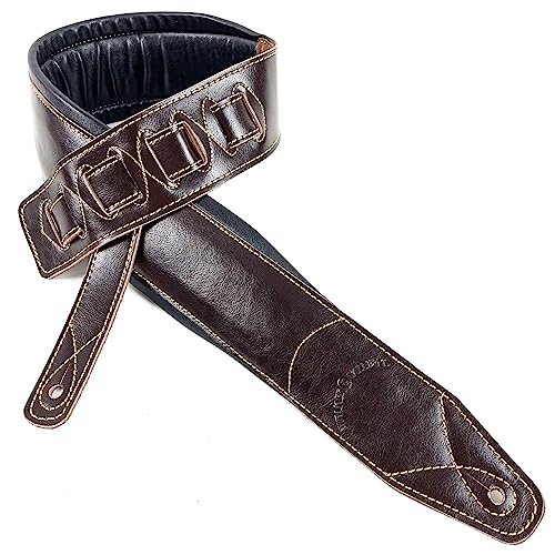 Walker & Williams C-22-BRN Dark Brown Handmade Signature Premium Thick Grain Leather Padded Guitar Strap 3" Wide For Acoustic, Electric, And Bass Guitars