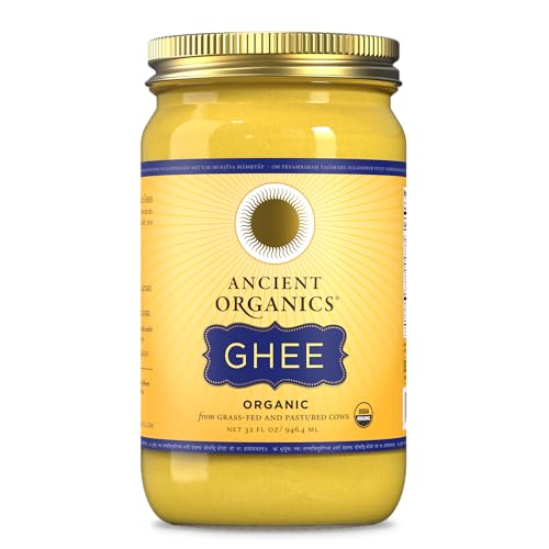 Ancient Organics Ghee, Organic Grass Fed Ghee Butter - Gluten Free Ghee, Clarified Butter, Vitamins & Omegas, Lactose Free, 100% Certified Organic, Kosher, USDA Certified - 32 Fl Oz (Pack of 1) - Click to Buy