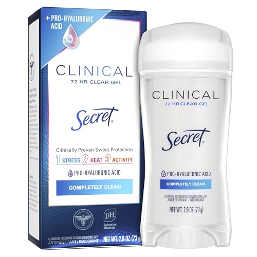 Secret Clinical Strength Antiperspirant Deodorant for Women, 3X Stress Protection, 72hr Sweat & Odor Protection, PH Balancing Minerals, Clear Gel, Completely Clean Scent, 2.6 oz