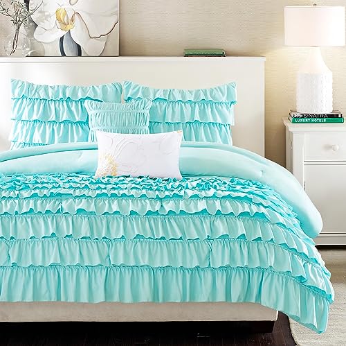 Intelligent Design Comforter Set Twin, Waterfall Multi Layers Ruffle Comforter Set, Shabby Chic Preppy Bedding Set, Soft Twin Comforter Set for Teen Girls, Toss Pillow, Twin/Twin XL Blue 4 Piece - Click to Buy