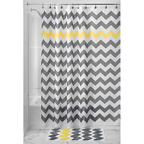 iDesign Chevron rideau de douche tissu, rideau douche en polyester facile entretien, rideau baignoire avec œillets renforcés, gris/jaune - Click to Buy