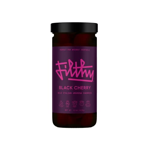 Filthy Cocktail Amarena Black Cherries, Premium Cocktail Garnish, All Natural Wild Italian Amarena Black Cherries, Non-GMO, Gluten Free, Vegan, Slow-Cooked, 11 Oz Jar, 45 Cherries