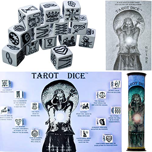 Finely Etched Tarot Dice Fortune Telling Game. 78 Precise Designs on 13 Heavyweight Dice With Guide, Carrying and Rolling Tube and Play Mat. Unique Occult Gift and Substitute For Psychic Card Reading - Click to Buy