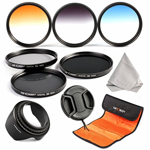 K&F Concept 58mm 6pcs Neutral Density ND2 ND4 ND8+Graduated Color Bule Orange ND4(Grey) Lens Filter Kit for CANON EOS Rebel T5i T4i T3i T3 T2i T1i XT XTi XSi SL1 DSLR Cameras + Microfiber Lens Cleaning Cloth + Flower Petal Lens Hood + Center Pinch Lens Cap + Filter Pouch - Click to Buy