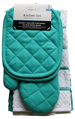 MAINSTAYS Teal Island Kitchen Towel Set 5 Piece- Pot Holders, Oven Mitt & 2 Terry Kitchen Towels (1, A) - Click to Buy