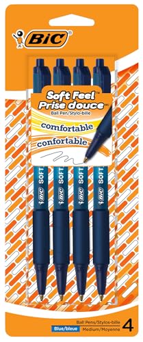 BIC Soft Feel Blue Retractable Ballpoint Pens, Medium Point (1.0 mm), 4-Count Pack, Blue Pens With Soft-Touch Comfort Grip - Click to Buy