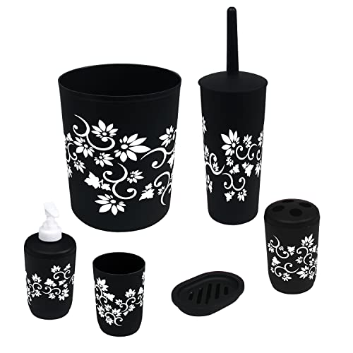 Blue Donuts Bathroom Accessories Set Complete, Toilet Brush and Holder, Trash Can, Toothbrush Holder, Black, 7 Pieces - Click to Buy