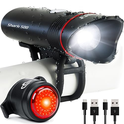 Bike Lights for Night Riding, USB Rechargeable Shark 500 Ultra Bright LED Bike Light Front and Back Safety Tail Light Included (Black) - Click to Buy