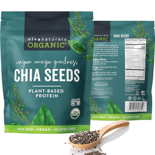 Viva Naturals Organic Chia Seeds 2 LBs - Plant-Based Omega-3 and Vegan Protein, Non-GMO Chia Seeds Organic Perfect for Smoothies, Salads and Chia Seed Pudding, Black Chia Seeds Bulk - Click to Buy