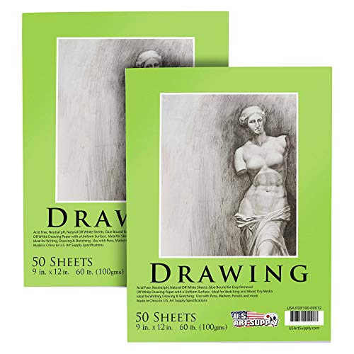 U.S. Art Supply 9" x 12" Premium Drawing Pad, Pack of 2 (50 Sheets Each), 60 lb (100 GSM) - Artist Sketch Book, Mixed Media Paper, Sketchbook for Drawing, Colored Pencils, Charcoal - Adults, Students - Click to Buy