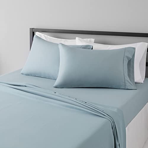 Amazon Basics Lightweight Super Soft Easy Care Microfiber 4 Piece Bed Sheet Set with 36cm Deep Pockets, King, Spa Blue, Solid - Click to Buy