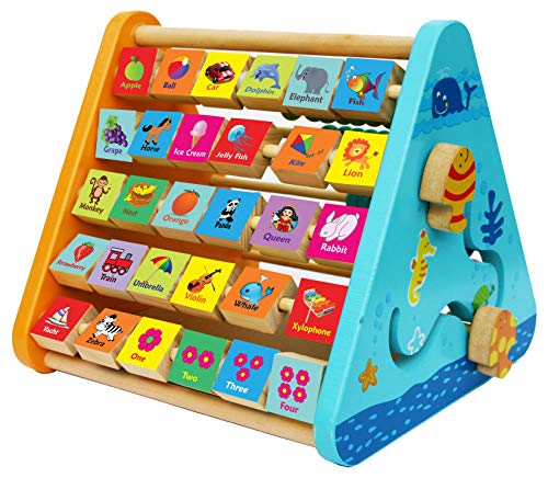 TOWO Wooden Activity Centre Triangle Toys - flip Flop Alphabet Blocks Abacus Clock - Activity Cube for Toddlers 5 in 1- for Babies Montessori Learning-Wooden Toys for 1 Year Old - Click to Buy