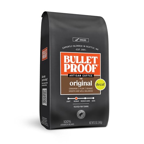 Bulletproof Original Medium Roast Ground Decaf Coffee, 12 Ounces, 100% Arabica Coffee, Clean Coffee Tested for Toxins, Packaging May Vary - Click to Buy