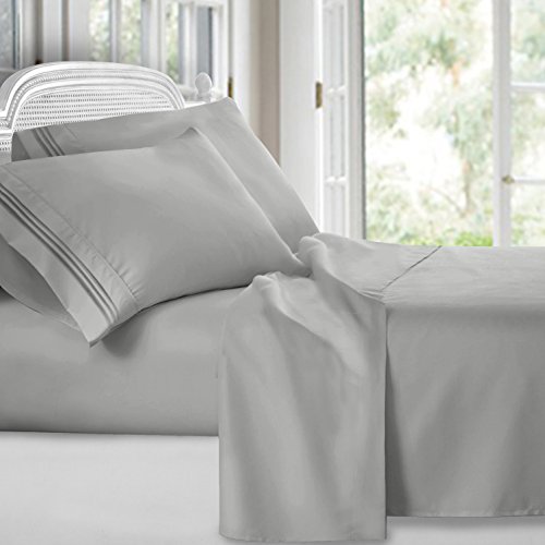 Clara Clark Premier 1800 Collection Deluxe Microfiber Three-Line Bed Sheet Set, Queen Size, Silver Light Gray - Click to Buy