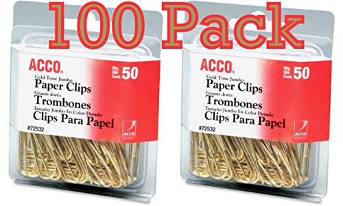 ACCO Brands Value Pack of 100 ACCO Gold Tone Jumbo Paper Clips, Smooth Finish, Steel Wire, 20 Sheet Capacity, 2 boxes, 50 Clips per Box (A7072532) - Click to Buy
