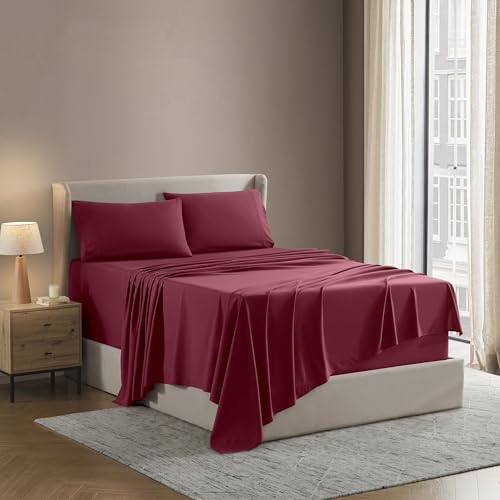 Nestl Queen Sheet Set - Luxury 1800 Ultra-Soft Microfiber Bed Sheets - Double Brushed - Deep Pockets - Easy Fit - 4 Piece Set - Bedding Sheets & Pillowcases (Queen, Burgundy Red) - Click to Buy