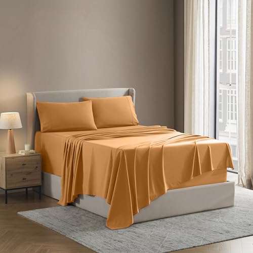 Nestl Bettlaken-Set – 1800 tiefe Taschen, Bettwäsche-Set – Hotel Luxus Doppelbett-gebürstete Mikrofaser – Spannbettlaken, Bettlaken, Kissenbezüge Queen Apricot Buff Orange - Click to Buy