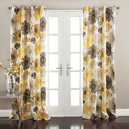 Lush Decor Leah Room Darkening Window Curtain Panel Pair, 84 inch x 52 inch, Yellow/Gray, Set of 2