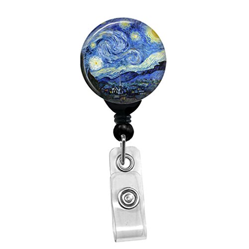 Vincent Van Gogh - The Starry Night -Retractable Badge Reel - ID Name Tag Custom Badge Holder (Black Badge Reel with Spring Pinch Clip)… - Click to Buy